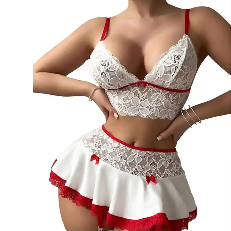 Cosplay Sexy Ropa Interior Sin Costuras Elegante Traje Erótico Para Mujer Sujetador Abierto Fantasía Mini Falda Conjunto De Liga