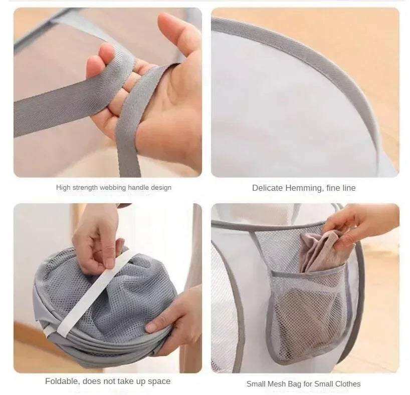 Cesta de lavandería plegable y duradera, cesta de lavandería de malla desplegable con bolsillo lateral, cesta de almacenamiento de ropa plegable con refuerzo