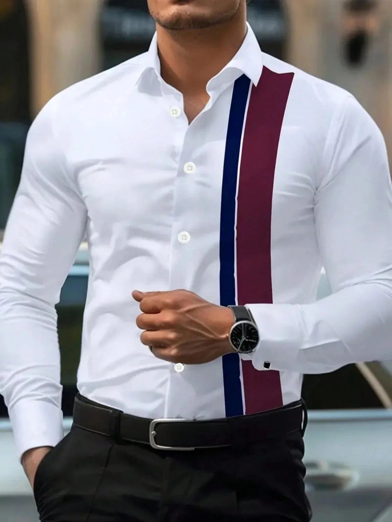 Camisa de hombre nueva, moderna, con estampado de rayas y patchwork; camisa de manga larga, cómoda y transpirable, de estilo informal elegante.