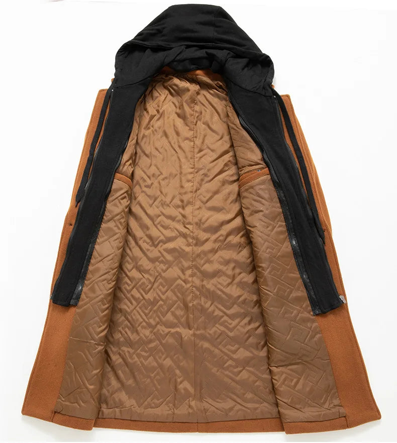Autumn Winter Men's Wool Trench Coat Fashion Hooded Warm Long Woollen Coats Business Casual Turn Down Collar Woolen Blend Men
