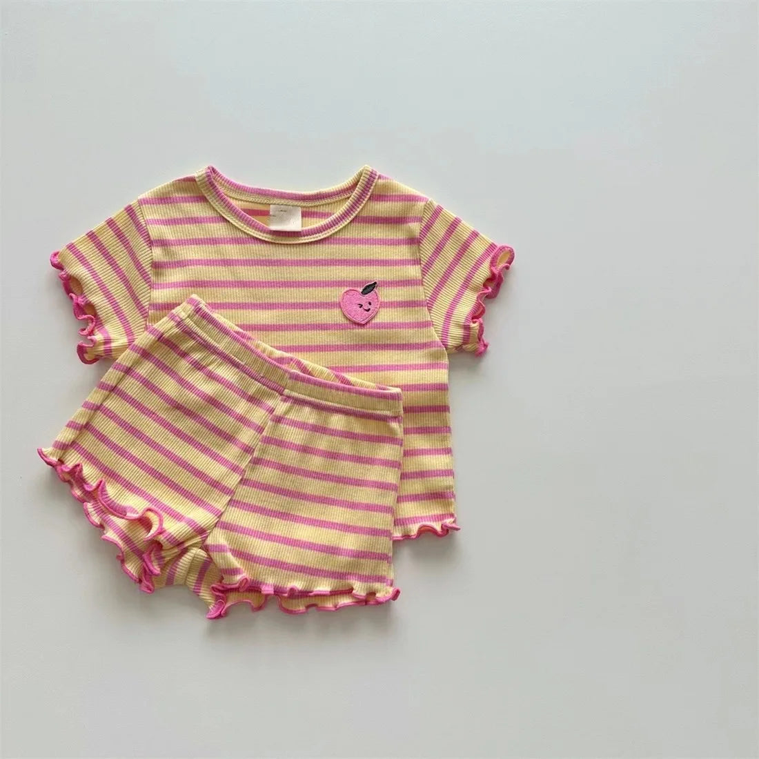 Ropa para niños de 0 a 3 años, conjunto de camiseta y pantalones cortos de algodón puro a rayas de verano, conjunto de manga corta para niñas y vacaciones en la playa