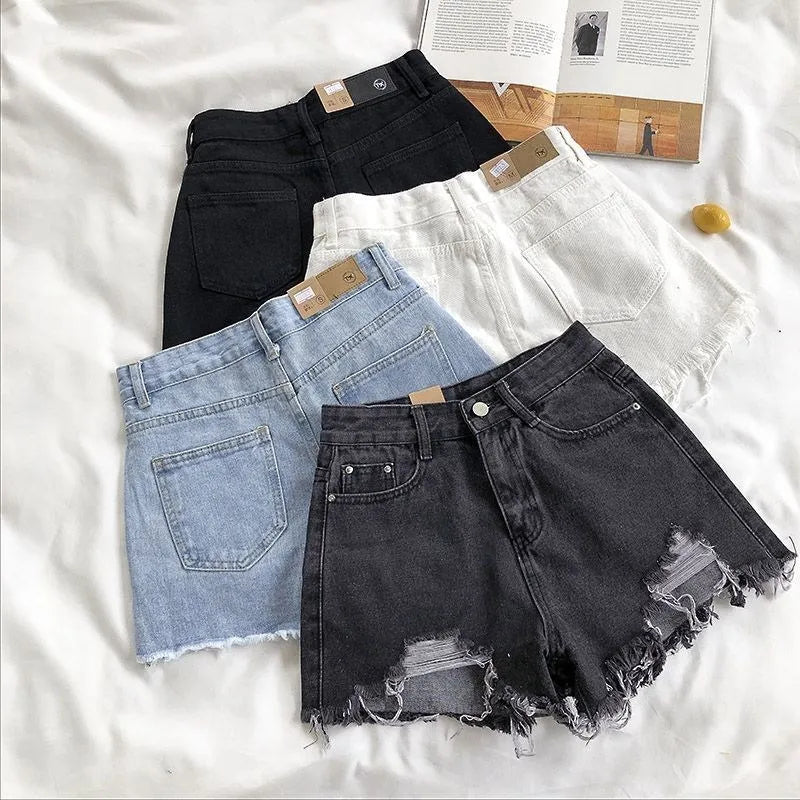 Pantalones cortos vaqueros coreanos de verano para mujer, moda informal, cintura alta, rotos, con bolsillos y borlas, estilo Y2K, ropa de calle, pantalones azules