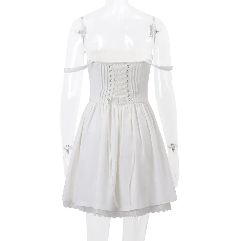 Sexy Lace Floral Corset Short Dress Elegant Women's White Yellow Sundress Female High Waist Mini Sun Dresses Summer 2025 New In