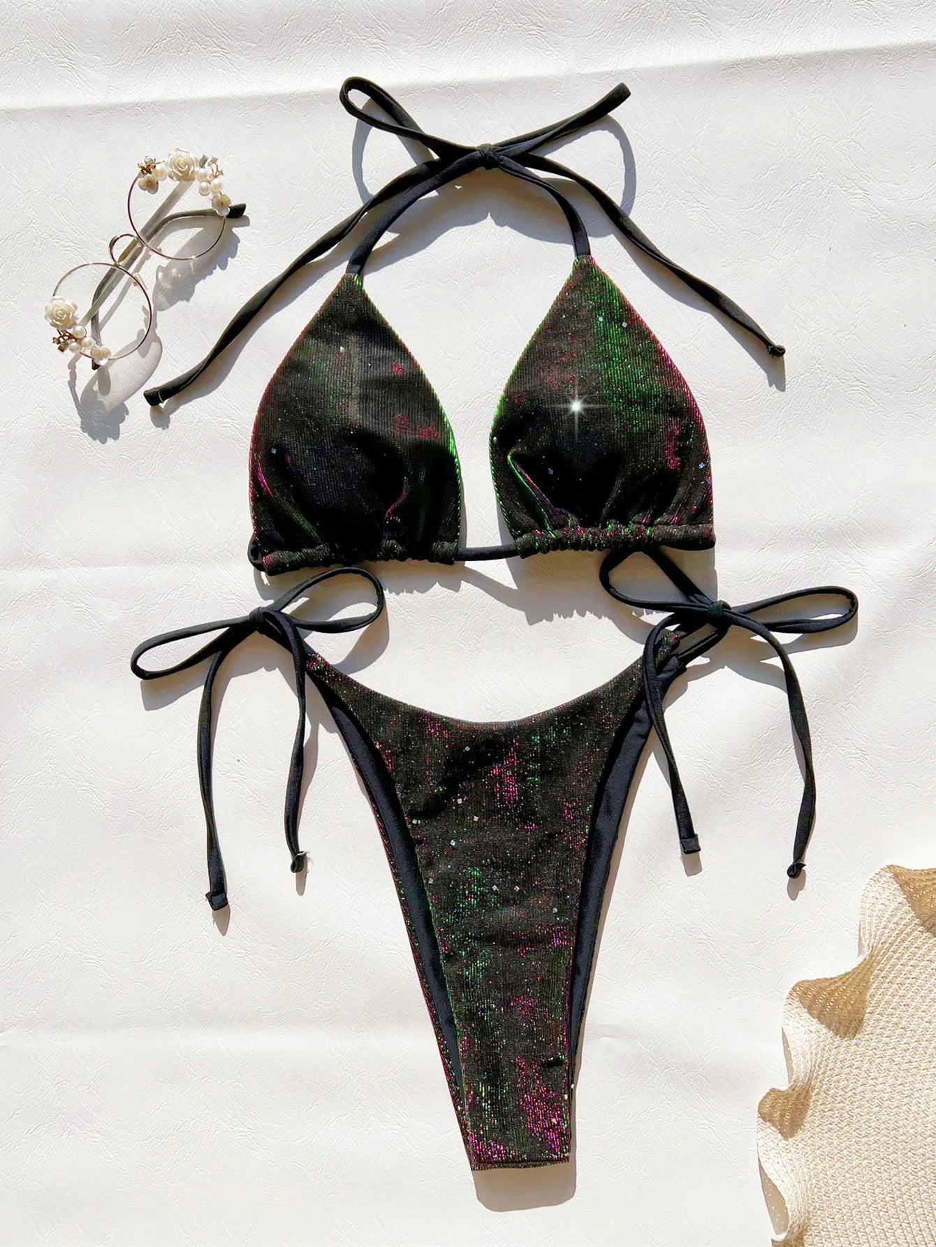 Conjunto de bikini micro halter con tanga y lazo, dos piezas, color morado, con degradado dorado, 2024