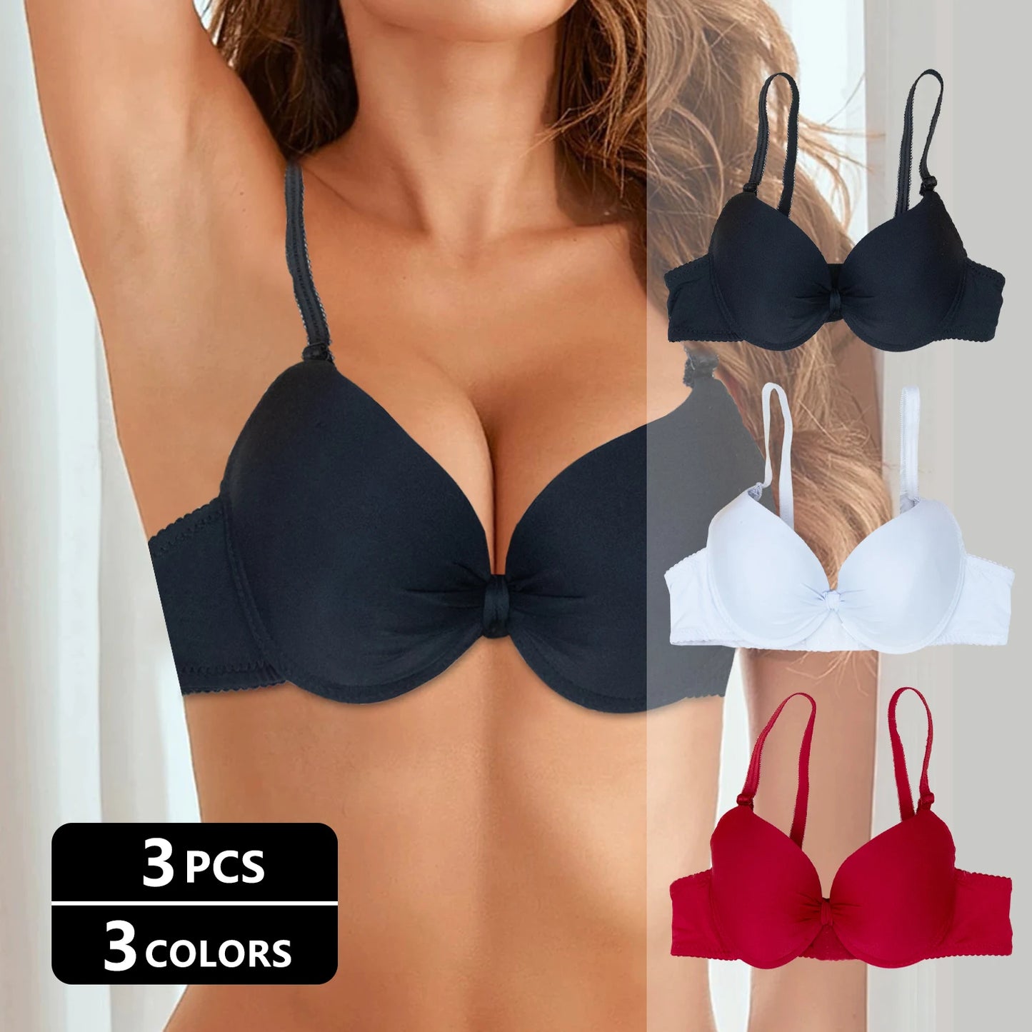Conjunto de lencería cómoda de 3 piezas de encaje multicolor para mujer, estilo casual y cómodo, tirantes con circonitas y ajustable.