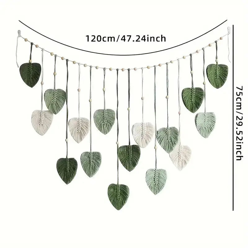 Decoración bohemia para el hogar, tapiz de macramé con hojas y plumas, decoración colgante de pared para sala de estar y dormitorio, arte de pared bohemio para el hogar.