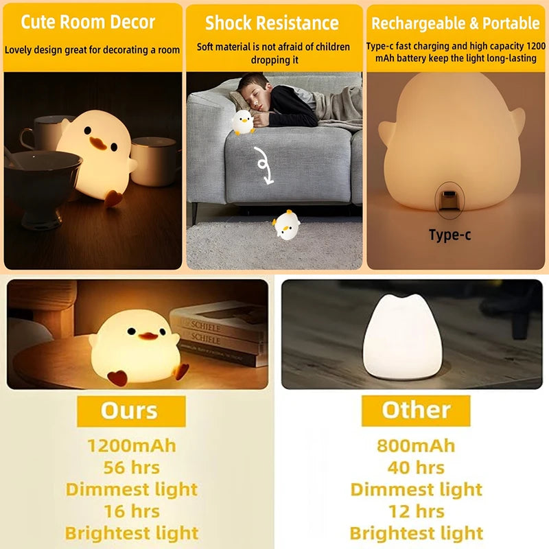 Luz nocturna de pato DoDo, lámpara de pato adorable, luz nocturna recargable y regulable, lámpara de noche LED de silicona táctil para habitación infantil