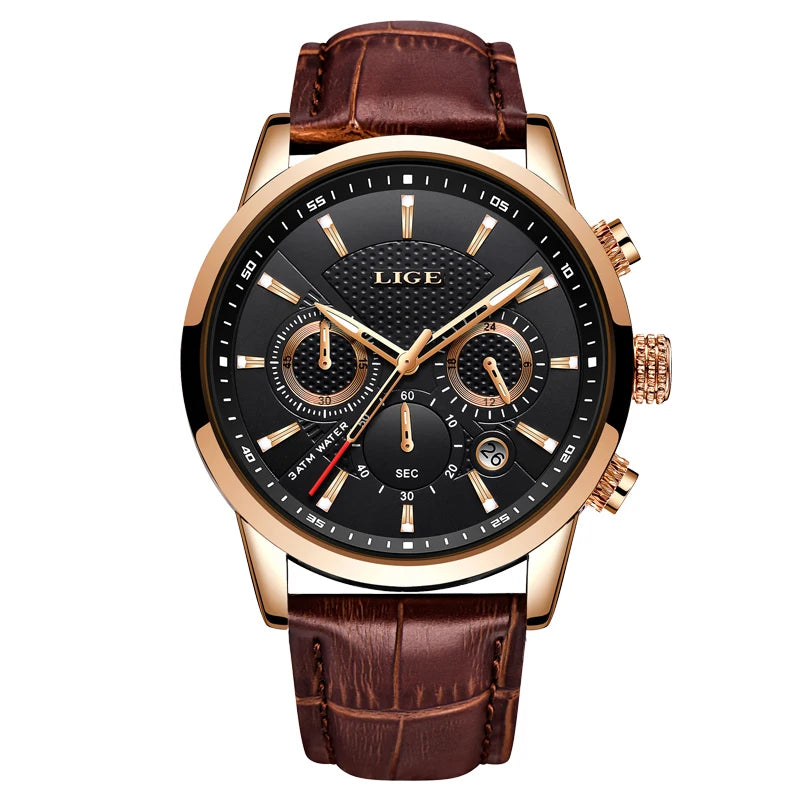 LIGE 2024 Reloj de lujo para hombre, reloj de cuarzo informal de negocios, reloj de pulsera de cuero a la moda para hombre, reloj impermeable para hombre