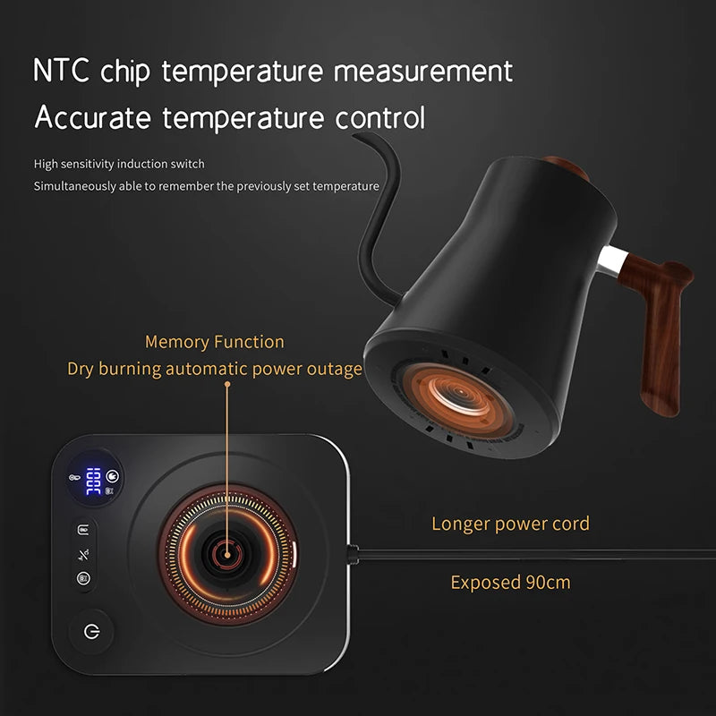 Hervidor eléctrico de cuello de cisne de 110 V/220 V con control de temperatura inteligente, 1200 W, calentamiento rápido, revestimiento de acero inoxidable 304, 900 ml