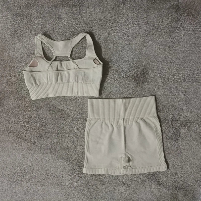Conjunto de yoga fitness sin costuras para mujer, ropa deportiva de cintura alta, leggings, pantalones cortos de dos piezas, ropa de gimnasio para mujer