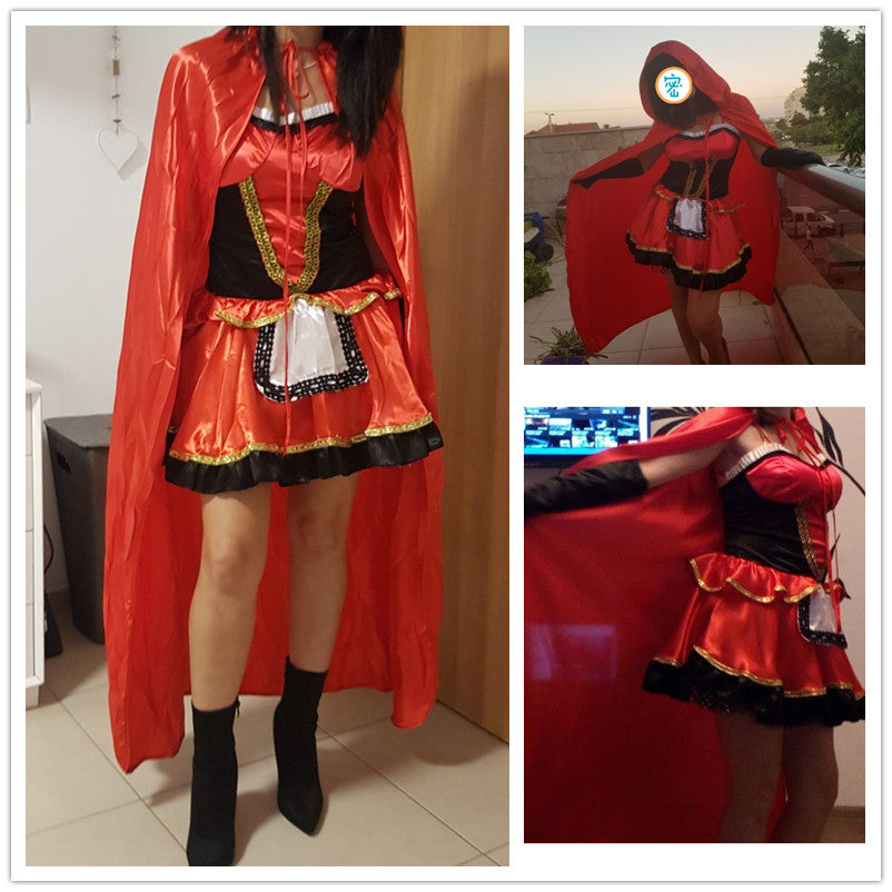 Women Little Red Riding Hood Costume Fancy Adult Halloween Cosplay Fantasia Carnival Fairy Tale Girl Dress+Cloak Women Party Set