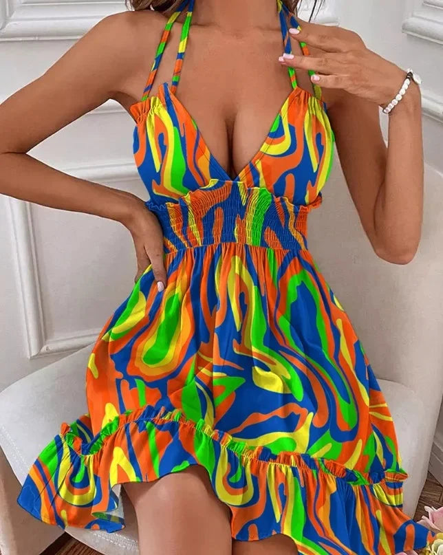 Vestido sexy de tirantes con escote en V profundo para mujer, espalda abierta y pliegues paralelos, popular entre Europa y América.