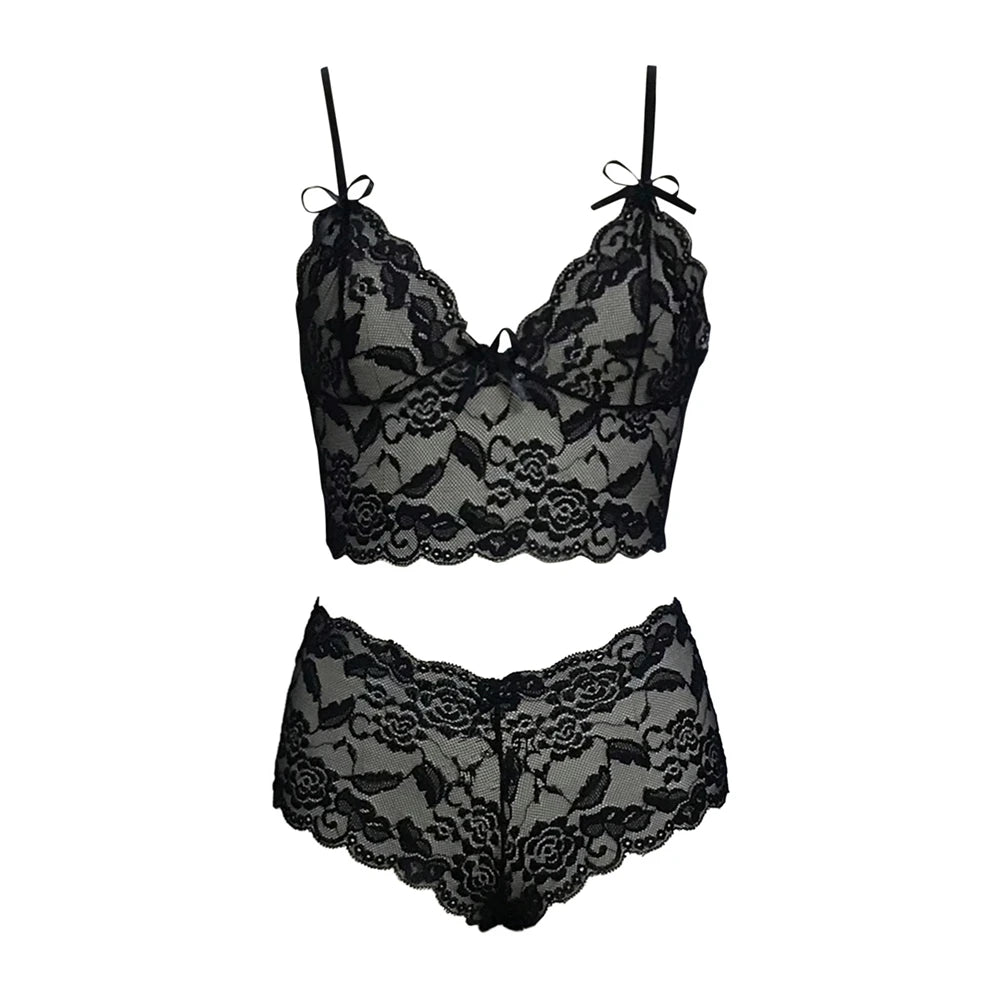 Conjunto de lencería sexy para mujer 2022, pantalones cortos de encaje negro, camiseta sin mangas de color liso, camisola, top de tubo, bragas, conjunto de lencería con estampado floral.