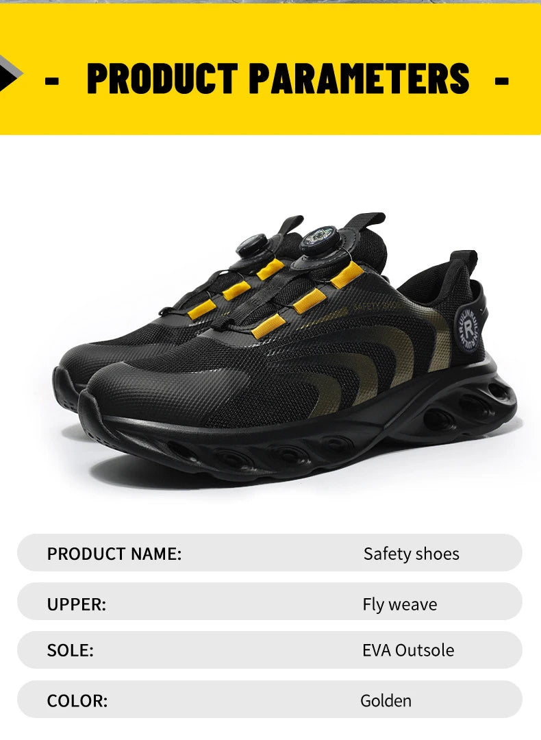 Zapatos de seguridad con botón giratorio para hombre, zapatos de trabajo con puntera de acero, zapatos de trabajo indestructibles y ligeros, zapatillas transpirables.