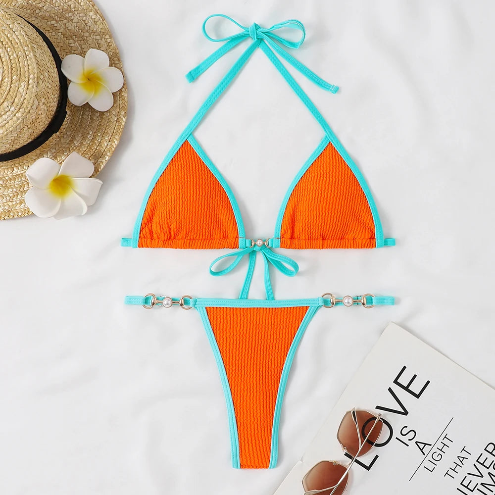 Traje de baño para mujer 2025, traje de baño de dos piezas con cuello halter, conjunto de bikini para mujer, ropa de playa de verano, traje de baño con cordón ajustable, tanga, copa triangular