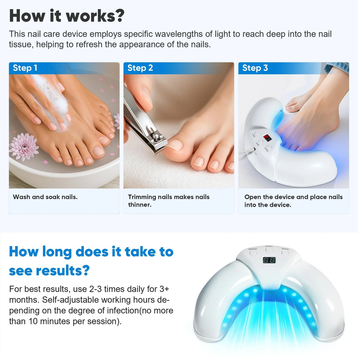 Dispositivo láser para hongos en las uñas, para múltiples uñas de los pies y de las manos. Solución reparadora para uñas dañadas y descoloridas para uso doméstico.