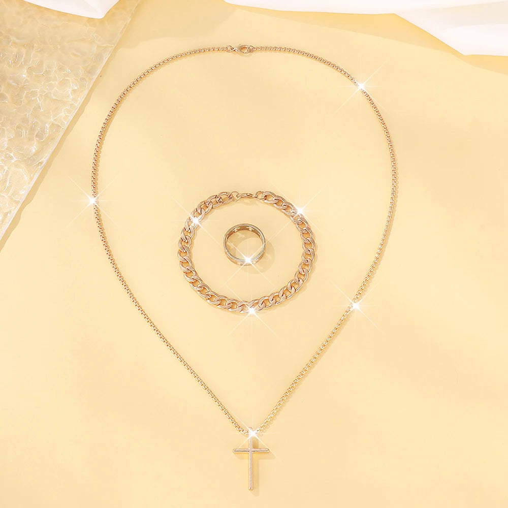 Conjunto de 3 piezas de joyería de aleación de moda para hombre: collar, pulsera y anillo con colgante de cruz.