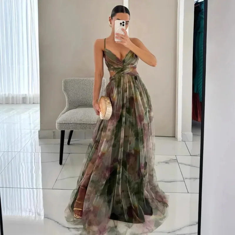 Sexy Hollow Out Party Dress, Women Summer Loungewear Fashion Printing Maxi Dress, Sleeveless Lace-Up Ladies Dress Vestido
