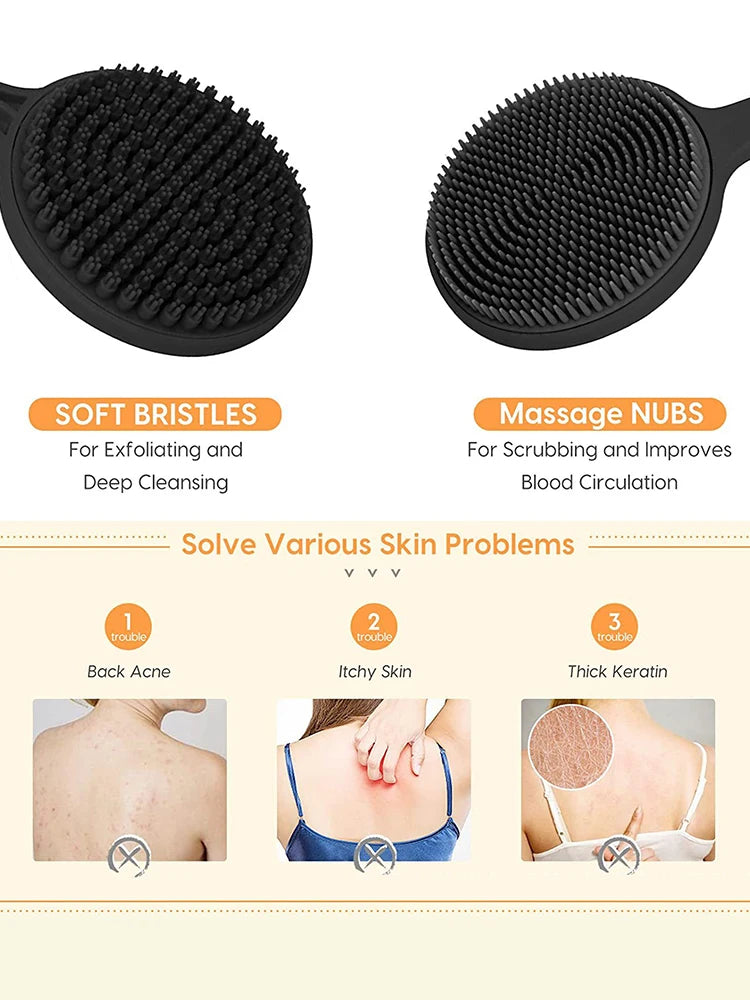 Cepillo de baño suave para la espalda, esponja de ducha, cepillo para fregar con mango, exfoliante, masajeador de piel, cepillo exfoliante para baño