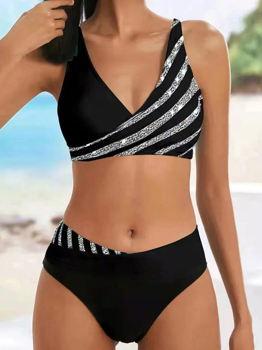 Conjunto de bikini con cuello en V 2024 para mujer, traje de baño de verano con estampado de rayas y patchwork, ropa de playa, traje de baño para mujer, talla 2XL