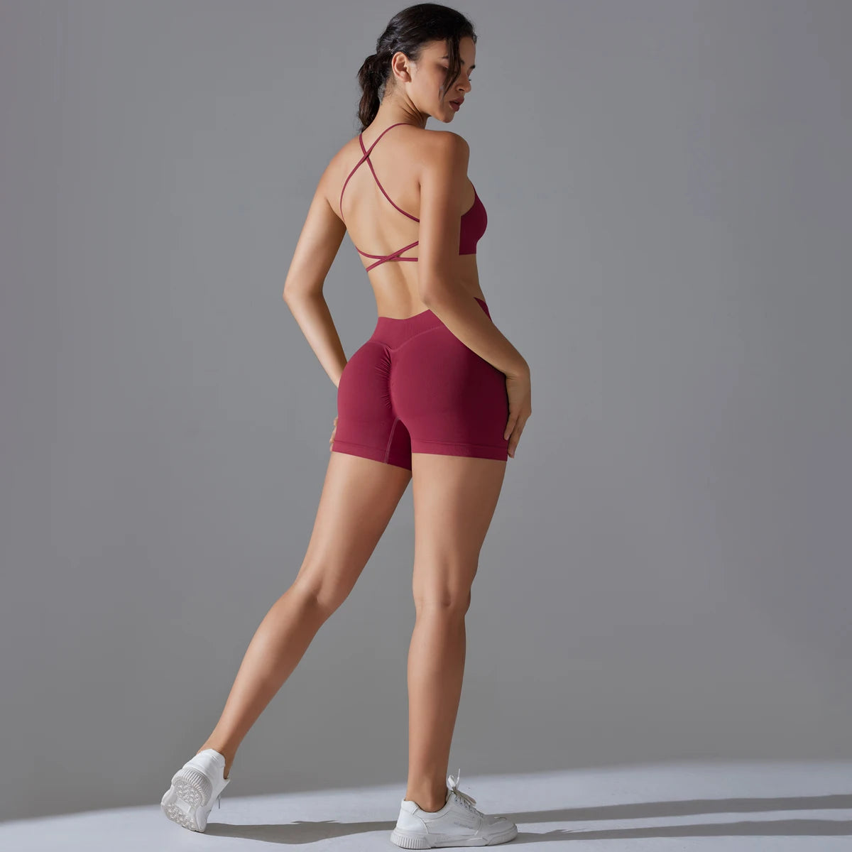 Conjunto deportivo de yoga, mallas de gimnasio de secado rápido, tirantes cruzados con absorción de impactos, pantalones cortos de ciclismo para mujer, entrenamiento de yoga.