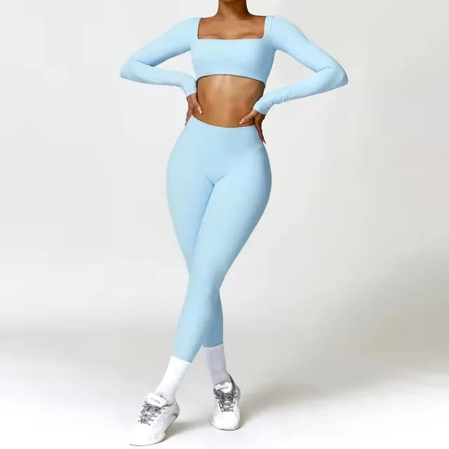 Conjunto deportivo de 2 piezas para mujer, de secado rápido, para gimnasio, chándal para correr, entrenamiento, camiseta deportiva de manga larga, ropa de yoga