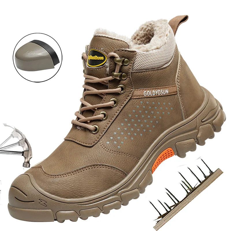 Nuevos zapatos de seguridad de trabajo de lana gruesa de invierno para hombres, botas de trabajo con puntera de acero, zapatos de seguridad antideslizantes, botas de nieve para hombre.