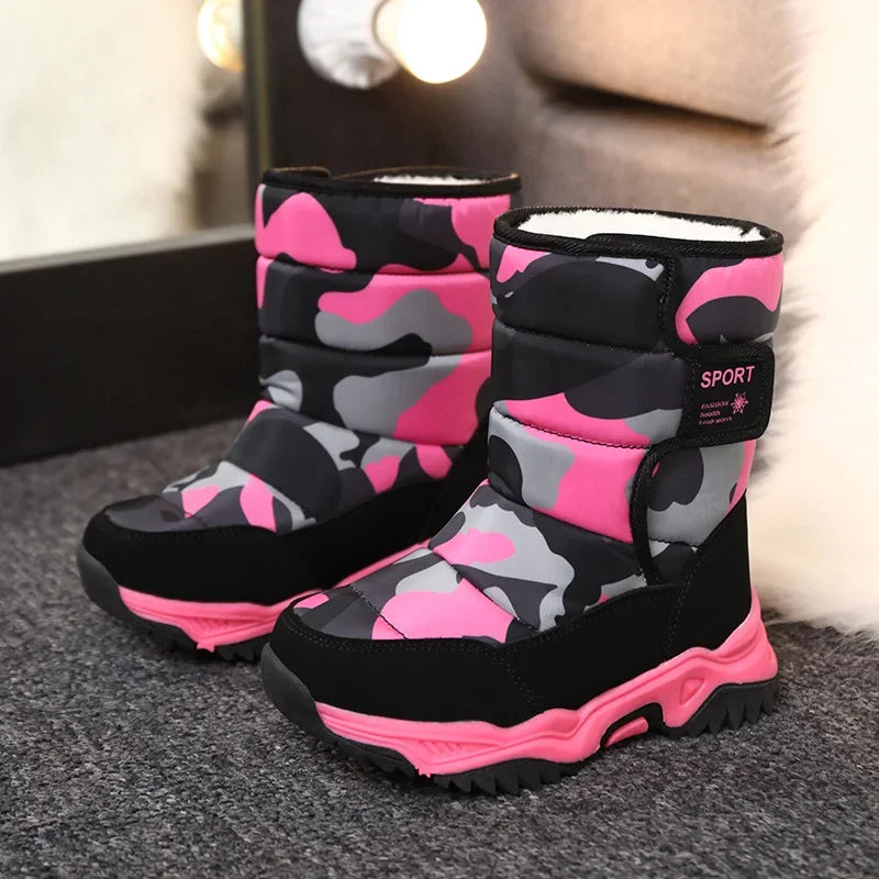 Zapatos casuales para niños y niñas, botas de nieve de piel cálidas y antideslizantes, zapatillas de invierno, calzado para exteriores para niños, botas acolchadas impermeables
