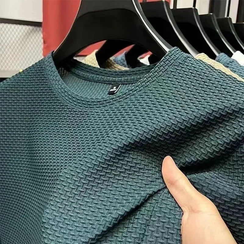 Camiseta de seda de hielo para hombre, manga corta, ligera, transpirable, cómoda, fresca, informal, moderna, de verano, elástica, ajustada.