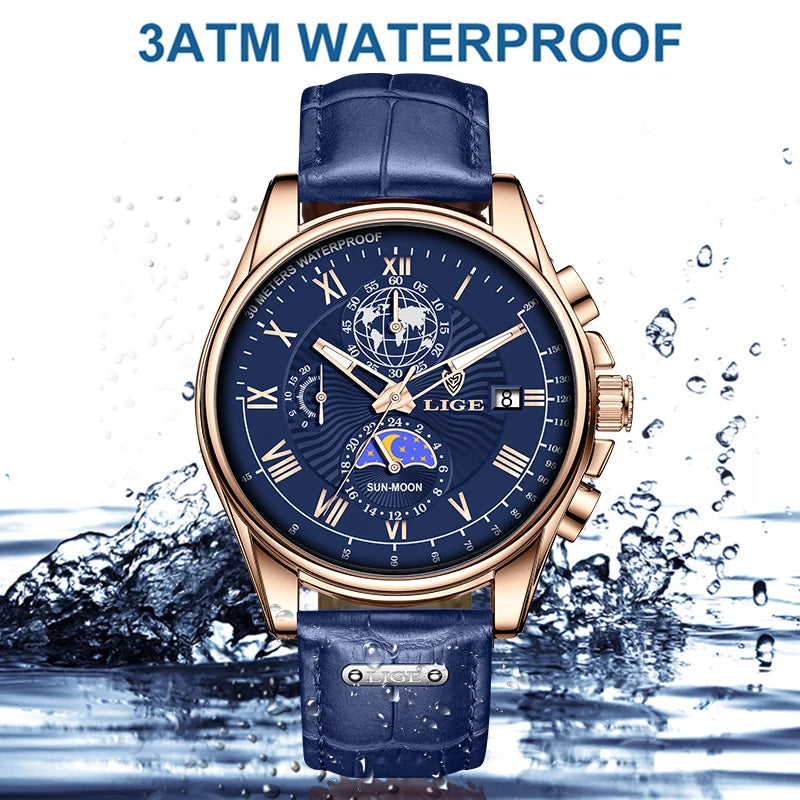 LIGE 2024 - Nuevo reloj de cuero azul para hombre, marca de lujo, resistente al agua, deportivo, con fecha, de cuarzo, Masculino