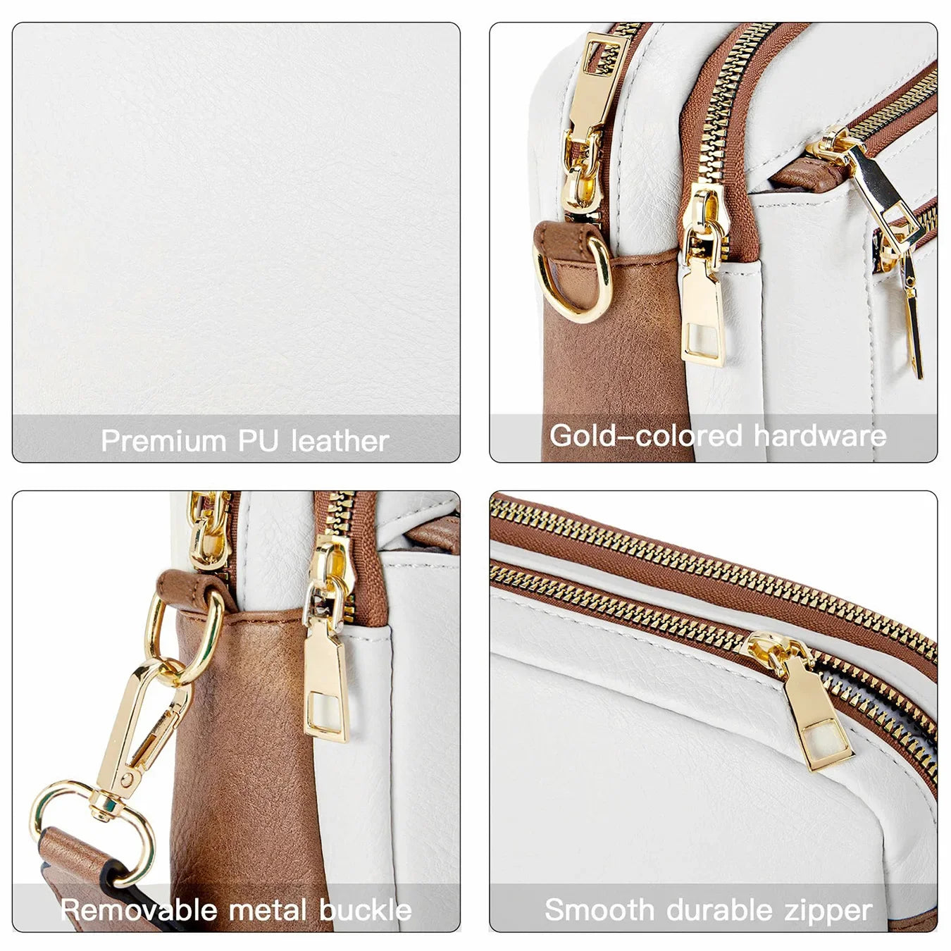 Bolso bandolera multifuncional con cremallera y bloques de colores, de piel sintética, tipo cartera de un solo hombro, con correa ajustable para el hombro.