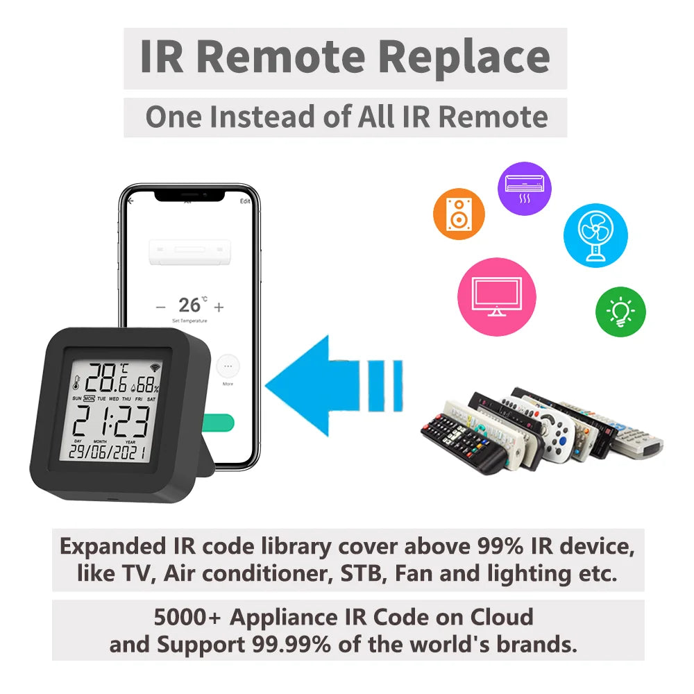 Control remoto universal infrarrojo inteligente Tuya con sensor de temperatura y humedad para aire acondicionado, TV, aire acondicionado, compatible con Alexa, Google Home y Yandex.
