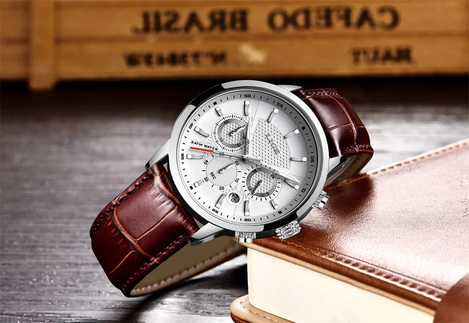 LIGE 2024 Reloj de lujo para hombre, reloj de cuarzo informal de negocios, reloj de pulsera de cuero a la moda para hombre, reloj impermeable para hombre