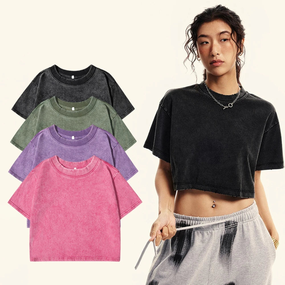 Camisetas lavadas 100 % algodón para mujer, tops holgados de cuello redondo, ropa urbana Y2k para mujer, camisetas casuales vintage de manga corta de verano