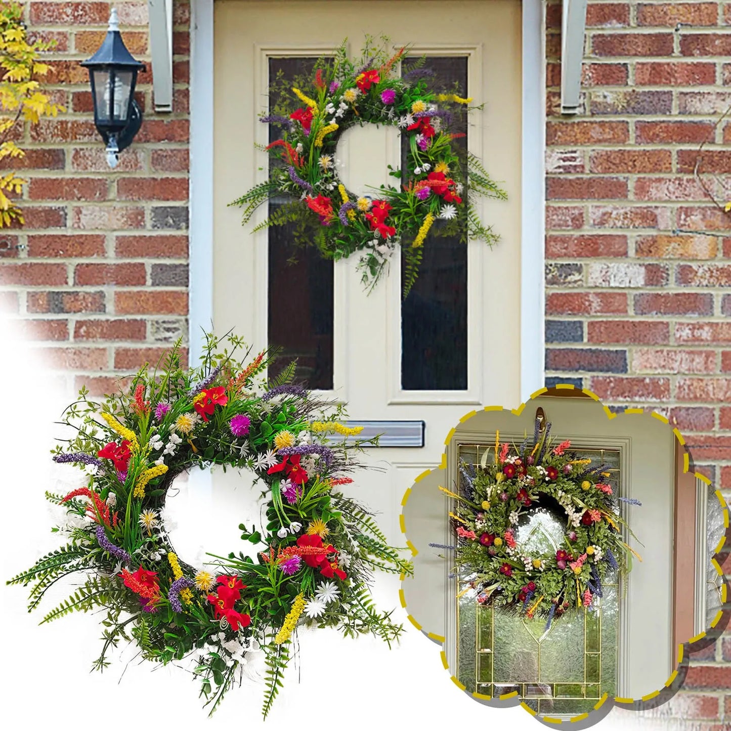 Las coronas artificiales grandes son adecuadas para la decoración interior de ventanas y puertas de entrada y se pueden usar como adornos para fiestas.