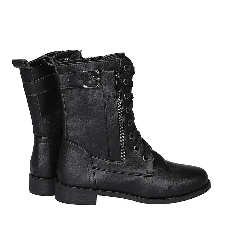 Botines de tacón cuadrado para mujer, botas de trabajo cortas de piel sintética para otoño e invierno, botas elásticas con cordones de talla grande para mujer 2024