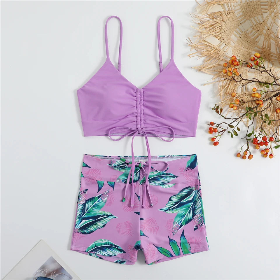 Bikini con cordón y estampado tropical para mujer, traje de baño de cintura alta con lazo frontal, pantalones cortos, traje de baño sexy para mujer, ropa de playa de verano