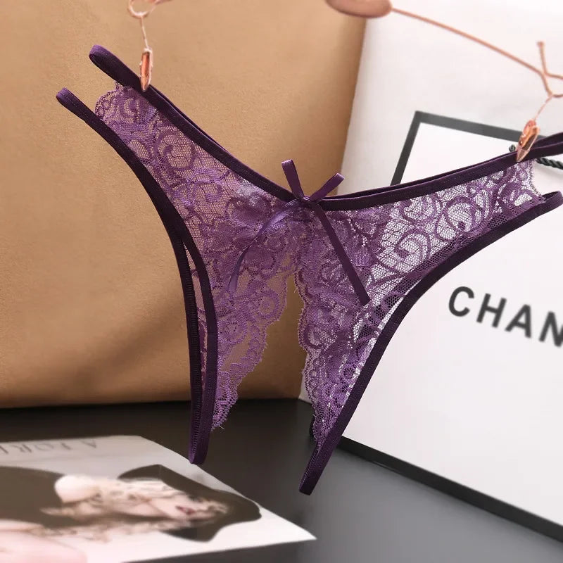 Lencería sexy para mujer, bragas transparentes con abertura en la entrepierna, tangas con lazo, ropa interior de encaje para mujer