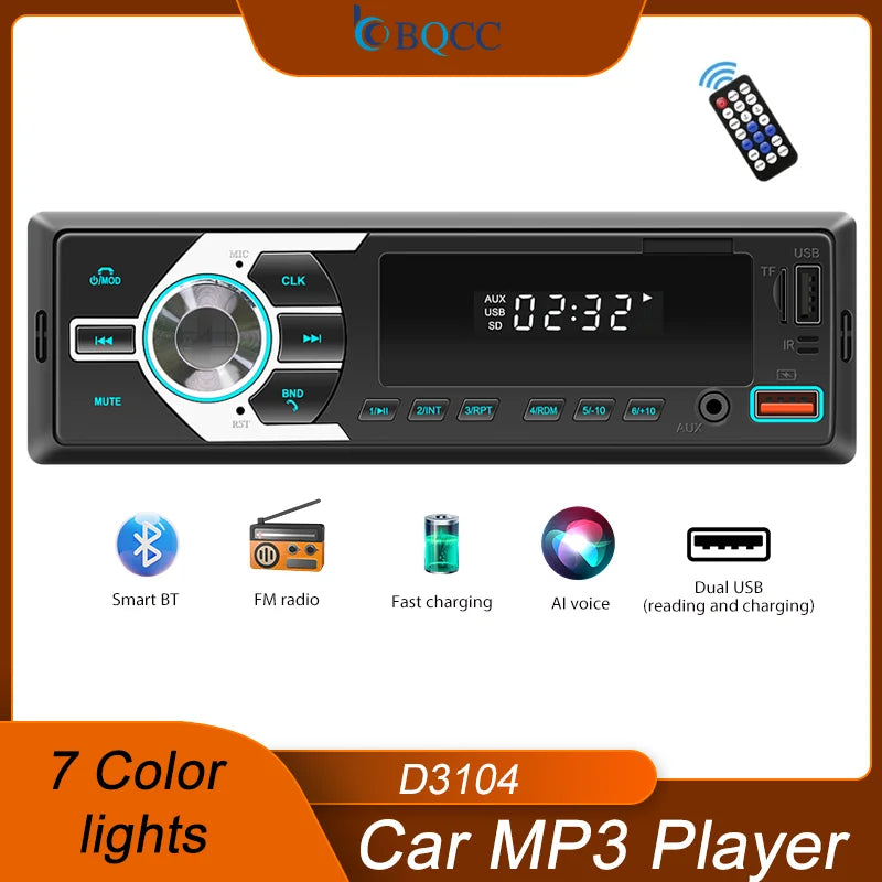 Radio estéreo BQCC 1DIN MP3 con FM, USB, TF, entrada AUX, Bluetooth, protección de energía, luces de 7 colores, USB dual, multimedia, audio para coche.