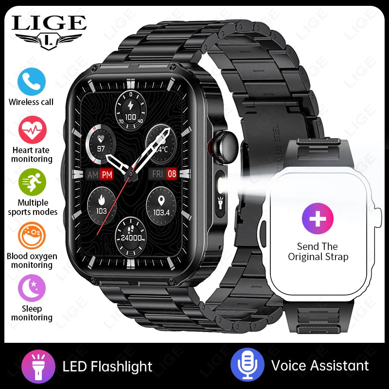 Reloj inteligente de 2,01 pulgadas para hombre y mujer, con linterna LED, control del ritmo cardíaco, para deportes al aire libre y fitness, resistente al agua