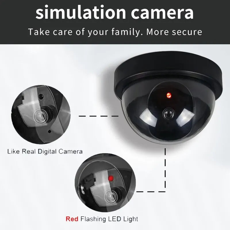 Cámara de seguridad domo falsa con luz LED roja, funciona con pilas y no requiere cableado. Ideal para interiores y exteriores.