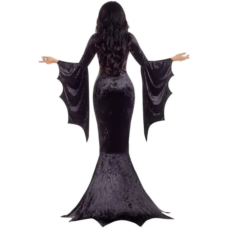 Witchy Costume Morticia Addams Long Train Dress Halloween Terror Dark Outfit Gothic Gown Robe Bat Sleeve Horror For Adult