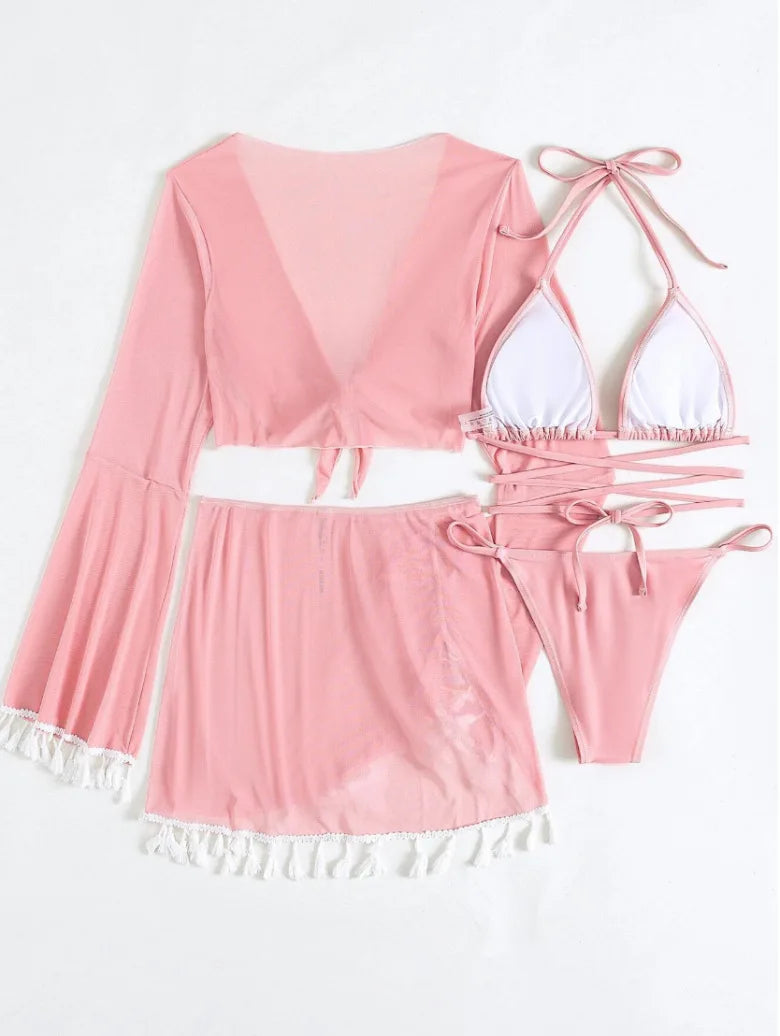 4 Piece Swimming Suit Women Beach Wear Solid Tassel Cover Up Mesh Mini Skirt Bikinis Set Cute Swimming Pool Outfit Summer