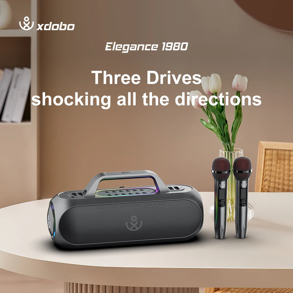 Barra de sonido XDOBO de 150 W, subwoofer TWS, altavoz estéreo inalámbrico de karaoke para TV al aire libre con 2 micrófonos y bolsa de viaje para guardarlo.