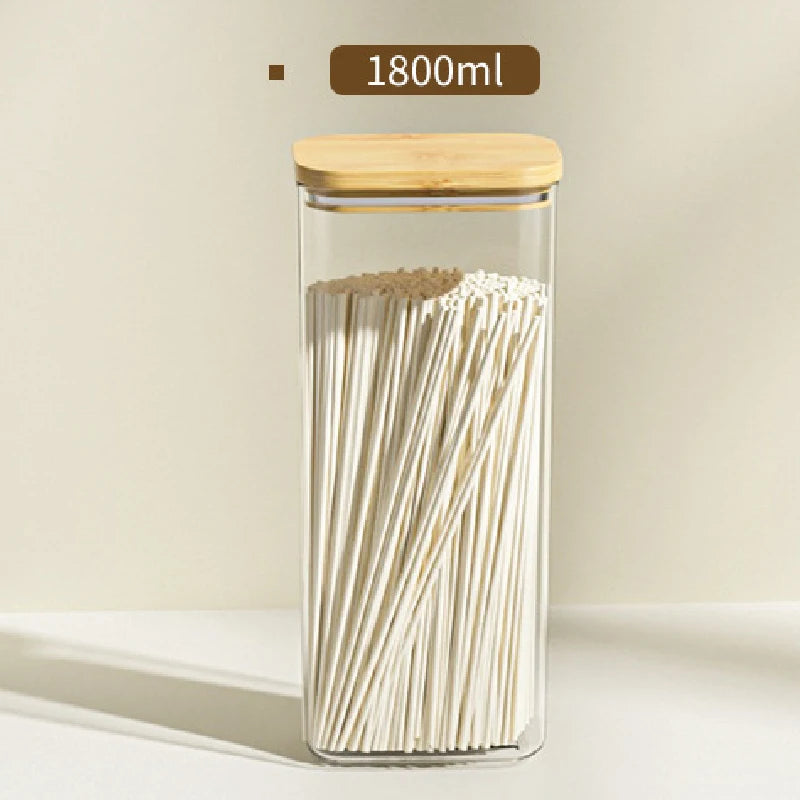 Tarro de plástico cuadrado sellado de 1100 ml para alimentos, con tapa de bambú, para cereales de cocina, transparente, para té y utensilios de cocina.