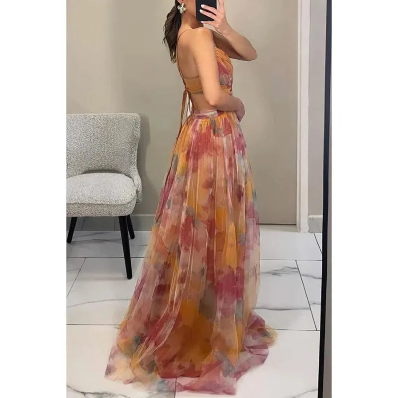 Sexy Hollow Out Party Dress, Women Summer Loungewear Fashion Printing Maxi Dress, Sleeveless Lace-Up Ladies Dress Vestido