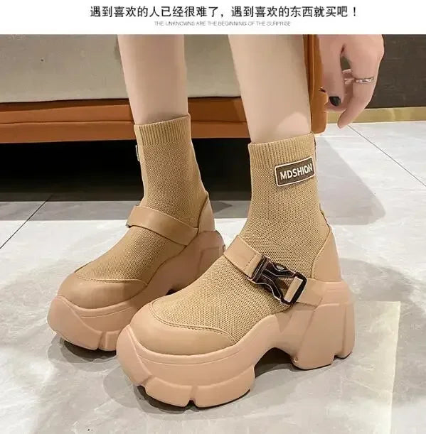 Botines de plataforma alta de 8 cm para mujer, botas cortas con suela gruesa y suela gruesa, antideslizantes, para motocicleta, para otoño