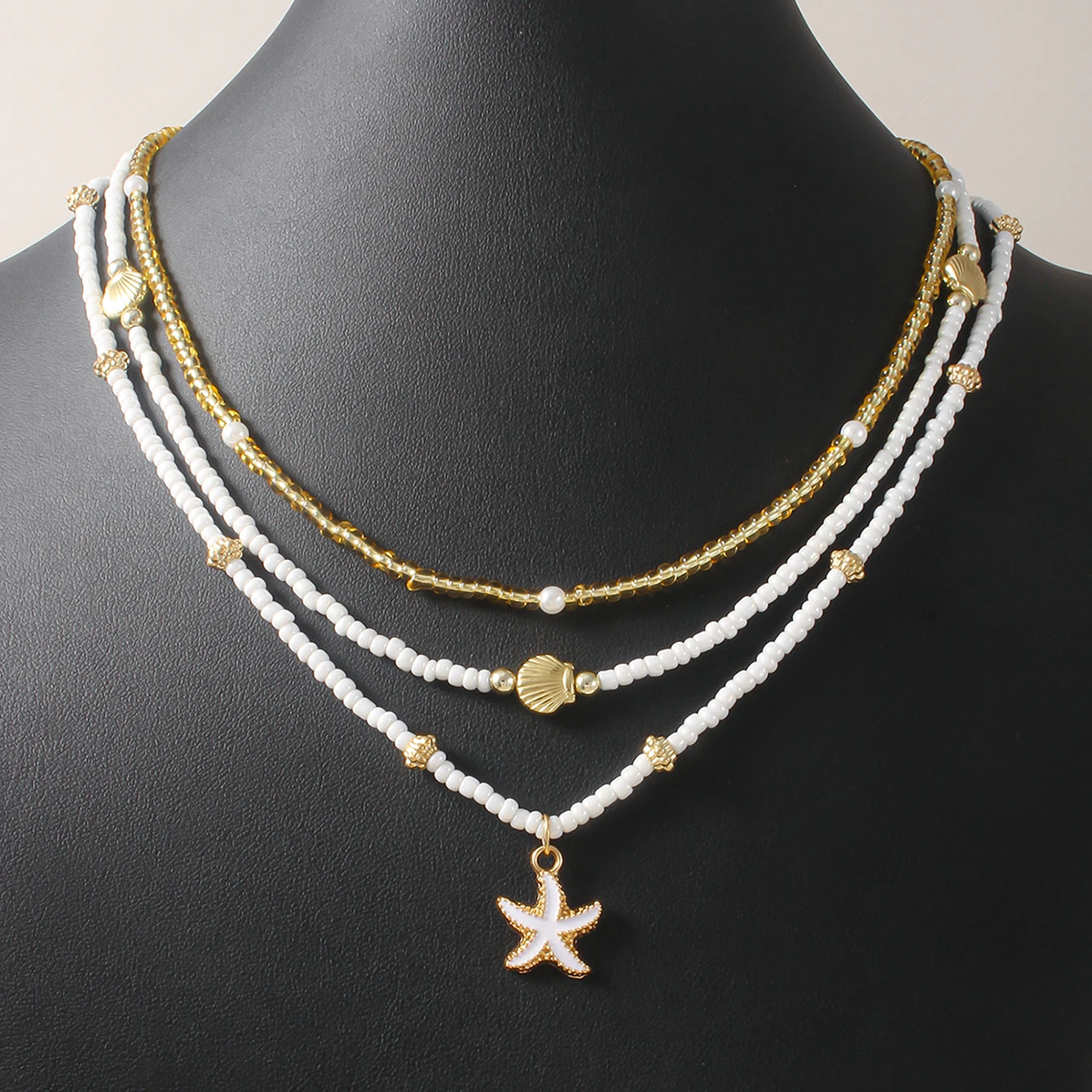 Gargantilla vintage de cuentas multicapa apiladas, hecha a mano, con colgante de concha de estrella de mar, para mujer, joyería para fiesta en la playa de verano.