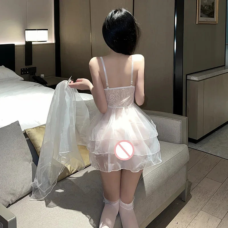 Sexy Bridal Lingerie Set See Through Mesh Babydoll Dress with Veil White Wedding Club Nightwear Cosplay Costume for Women Girls