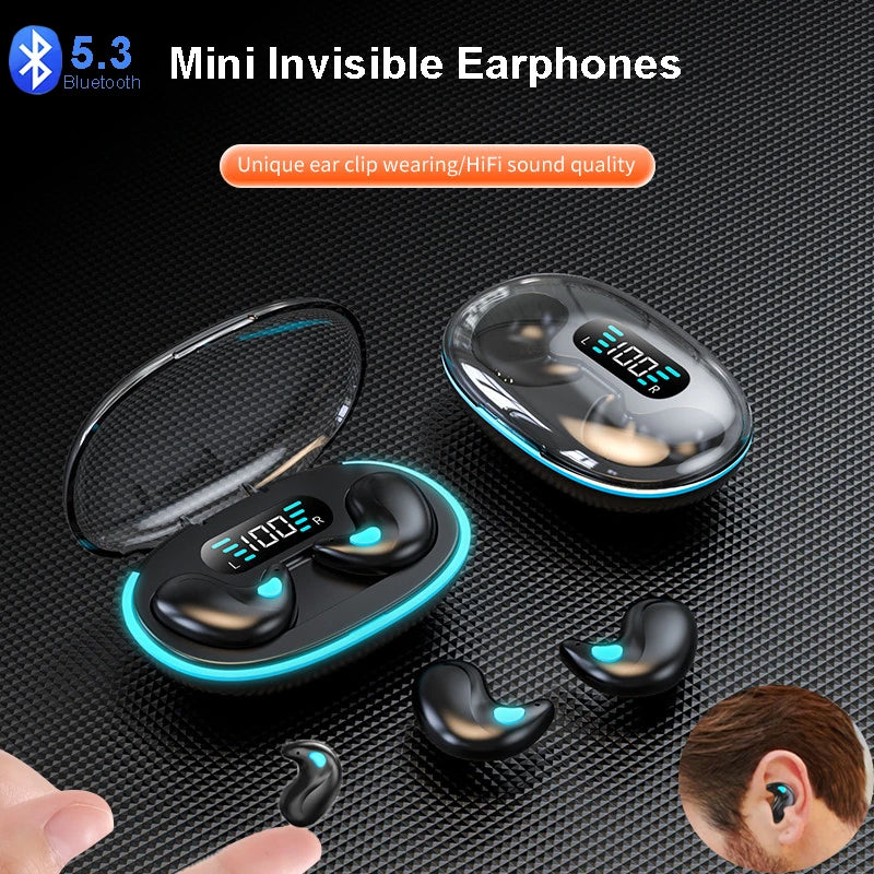 Mini auriculares invisibles para dormir TWS inalámbricos Bluetooth 5.3 con reducción de ruido oculta, auriculares estéreo deportivos